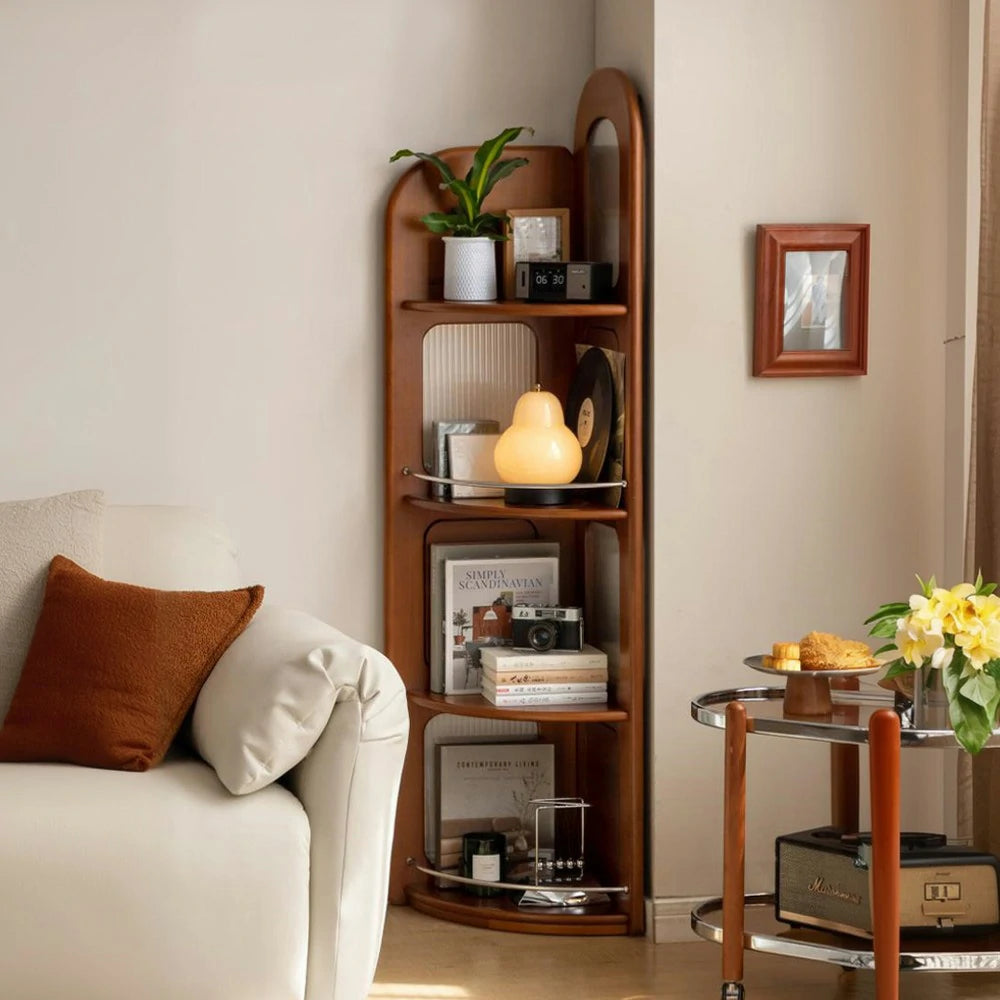 LIVARA 1150 Corner Bookshelf – Solid Wood Frame, Modern Stainless Steel and Acrylic Accents, Perfect for Efficient Corner Use – Sleek and Stylish Design - Wood