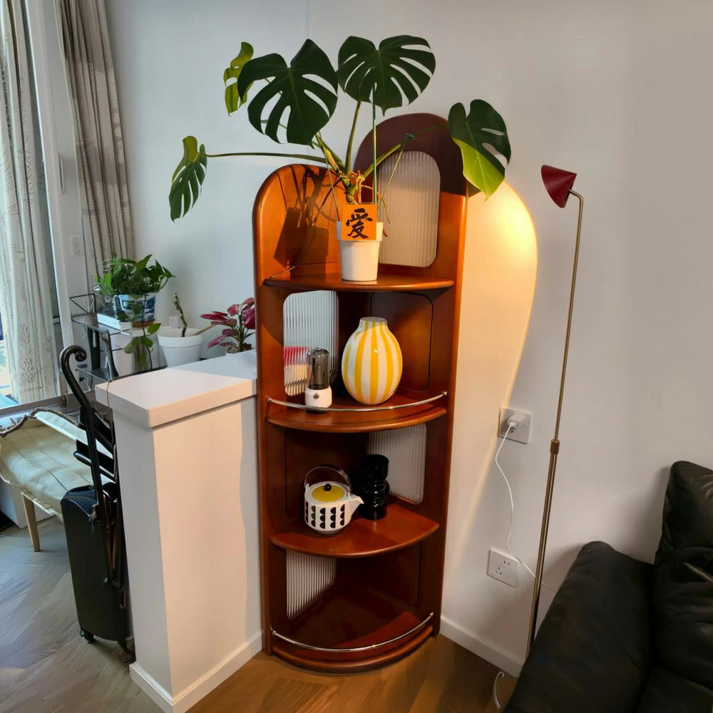 LIVARA 1150 Corner Bookshelf – Solid Wood Frame, Modern Stainless Steel and Acrylic Accents, Perfect for Efficient Corner Use – Sleek and Stylish Design - Wood