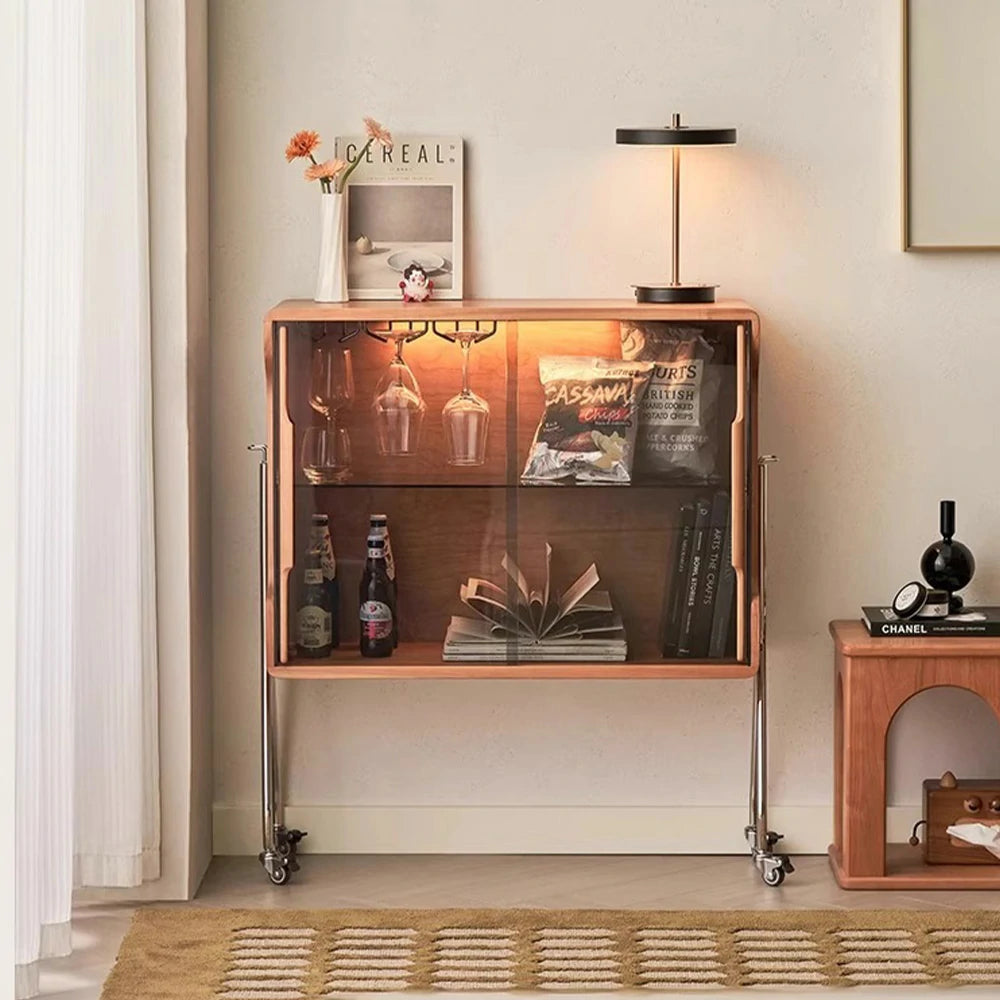 LIVARA 1153 Cherry Red Mobile Wine Cabinet – Premium Solid Wood Frame, Amber Tempered Glass, Stainless Steel Tripod Legs, 5 Adjustable Glass Shelves, Easy Mobility