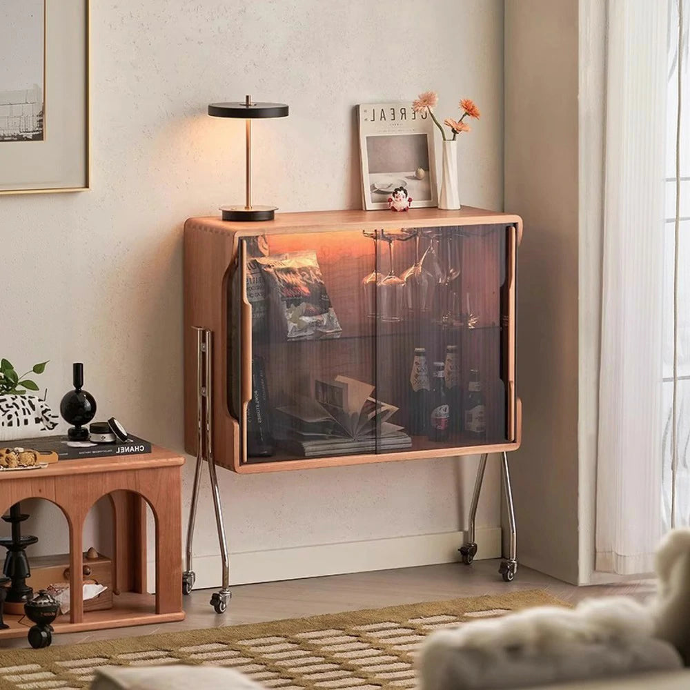 LIVARA 1153 Cherry Red Mobile Wine Cabinet – Premium Solid Wood Frame, Amber Tempered Glass, Stainless Steel Tripod Legs, 5 Adjustable Glass Shelves, Easy Mobility