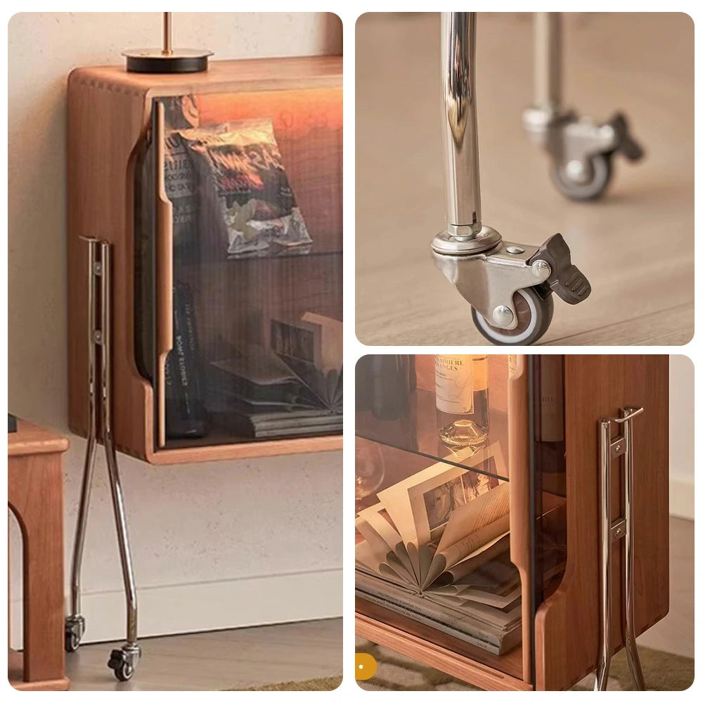 LIVARA 1153 Cherry Red Mobile Wine Cabinet – Premium Solid Wood Frame, Amber Tempered Glass, Stainless Steel Tripod Legs, 5 Adjustable Glass Shelves, Easy Mobility