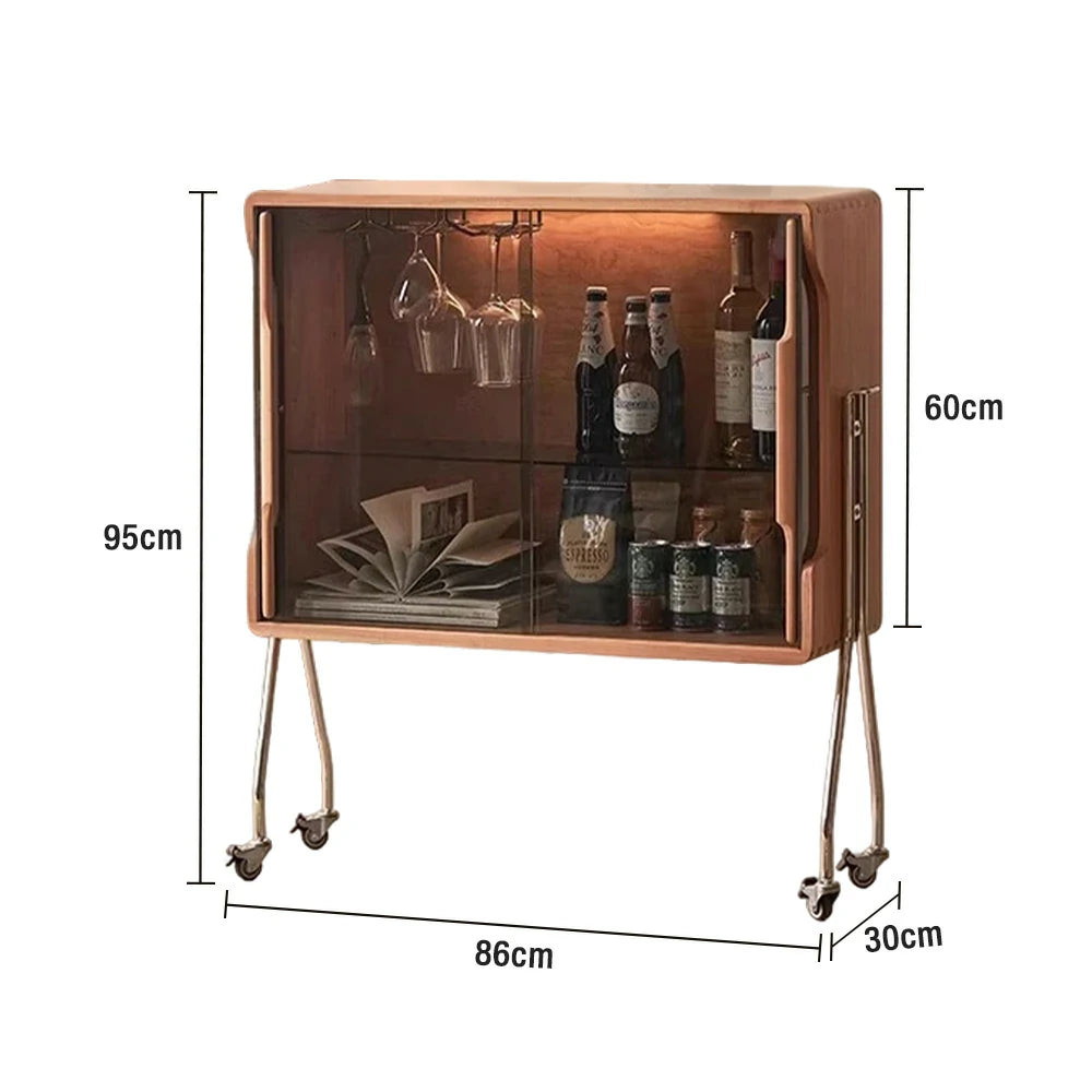 LIVARA 1153 Cherry Red Mobile Wine Cabinet – Premium Solid Wood Frame, Amber Tempered Glass, Stainless Steel Tripod Legs, 5 Adjustable Glass Shelves, Easy Mobility