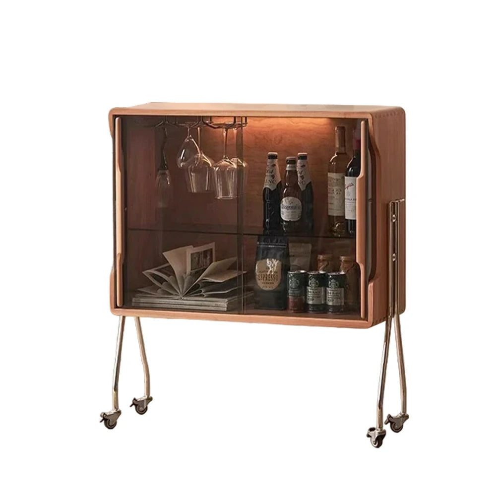 LIVARA 1153 Cherry Red Mobile Wine Cabinet – Premium Solid Wood Frame, Amber Tempered Glass, Stainless Steel Tripod Legs, 5 Adjustable Glass Shelves, Easy Mobility