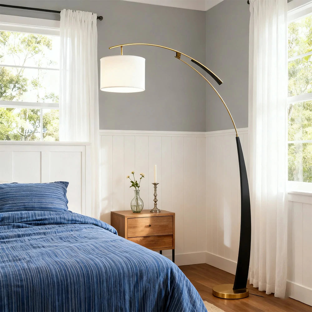 LIVARA Floor Lamp Modern Minimalist Linen Fabric Shade Sturdy Metal Base Soft Light Diffusion & Easy Maintenance - Black&Gold