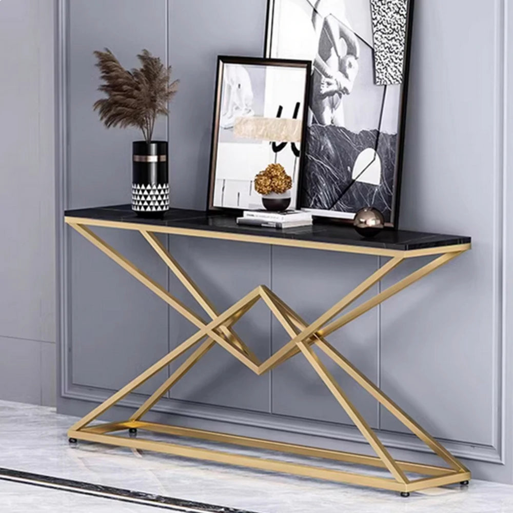 LIVARA Modern Table High-Durability Rock Slab Top Metal Frame 140/160cm Spacious Waterproof & Stain-Resistant - Black&Gold
