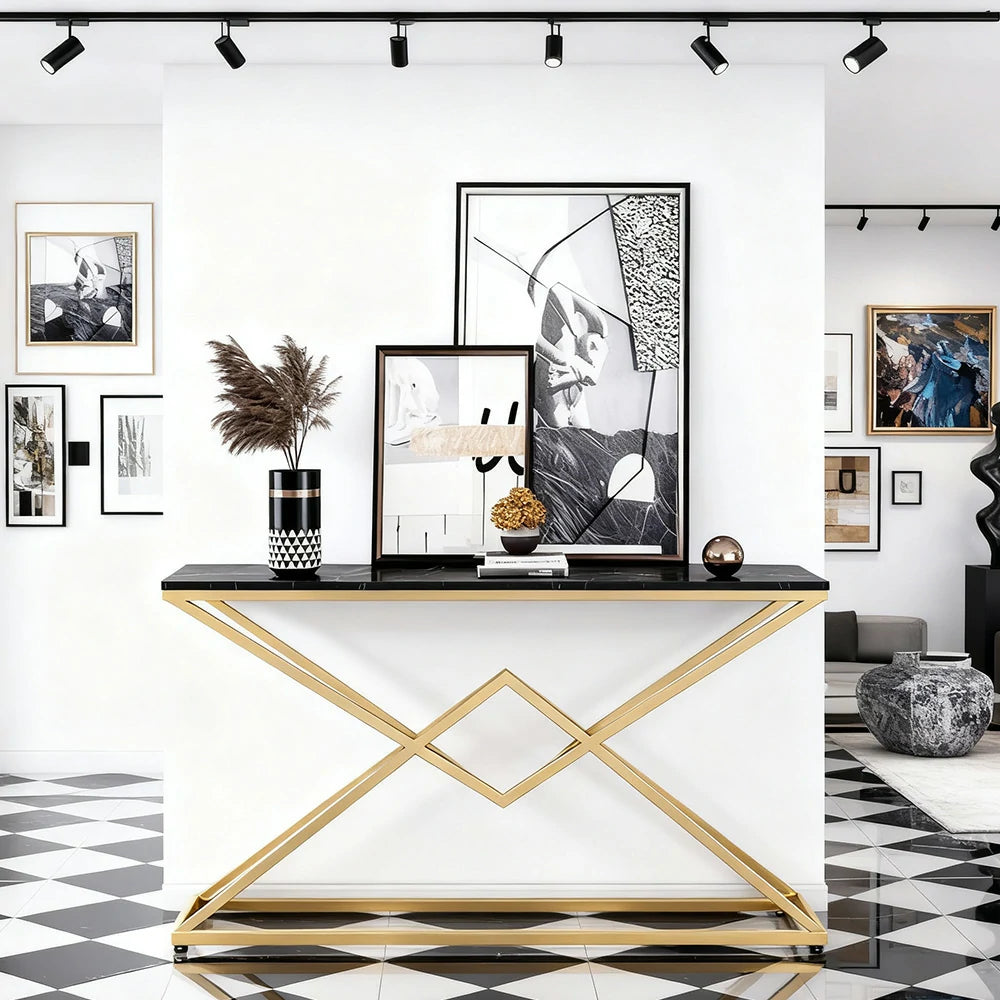 LIVARA Modern Table High-Durability Rock Slab Top Metal Frame 140/160cm Spacious Waterproof & Stain-Resistant - Black&Gold