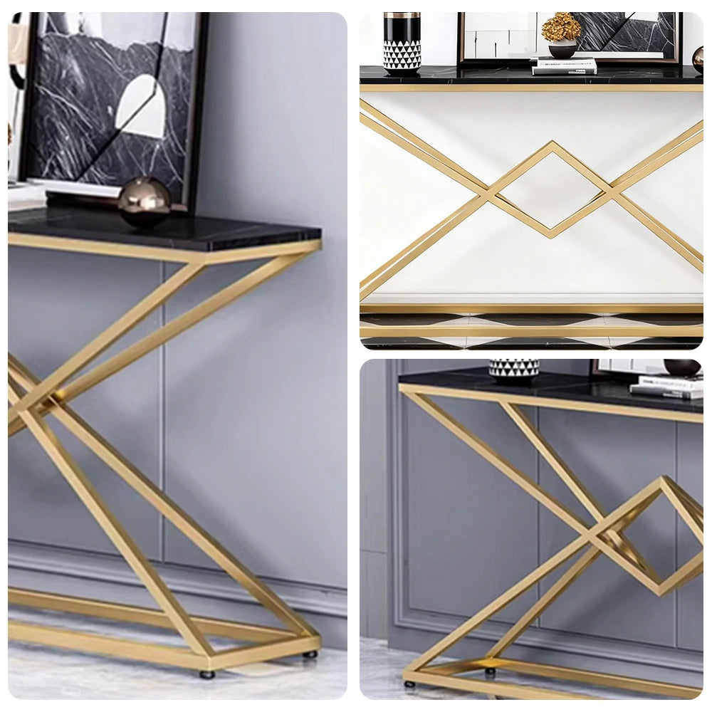 LIVARA Modern Table High-Durability Rock Slab Top Metal Frame 140/160cm Spacious Waterproof & Stain-Resistant - Black&Gold