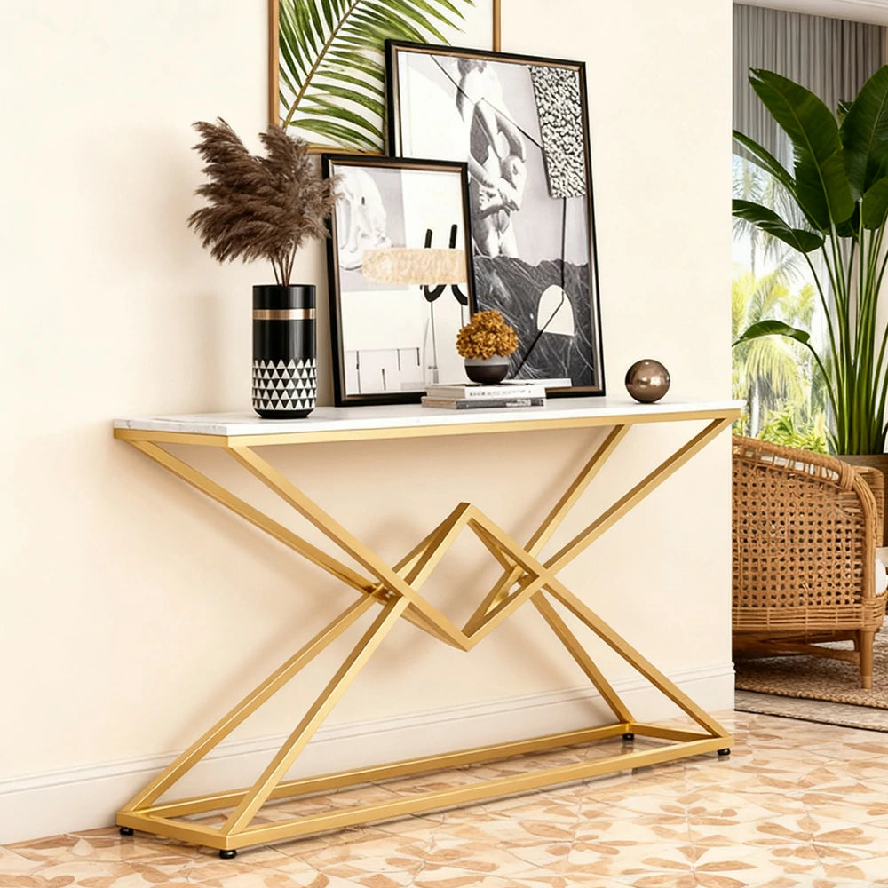 LIVARA Modern Table High-Durability Rock Slab Top Metal Frame 140/160cm Spacious Waterproof & Stain-Resistant - White&Gold