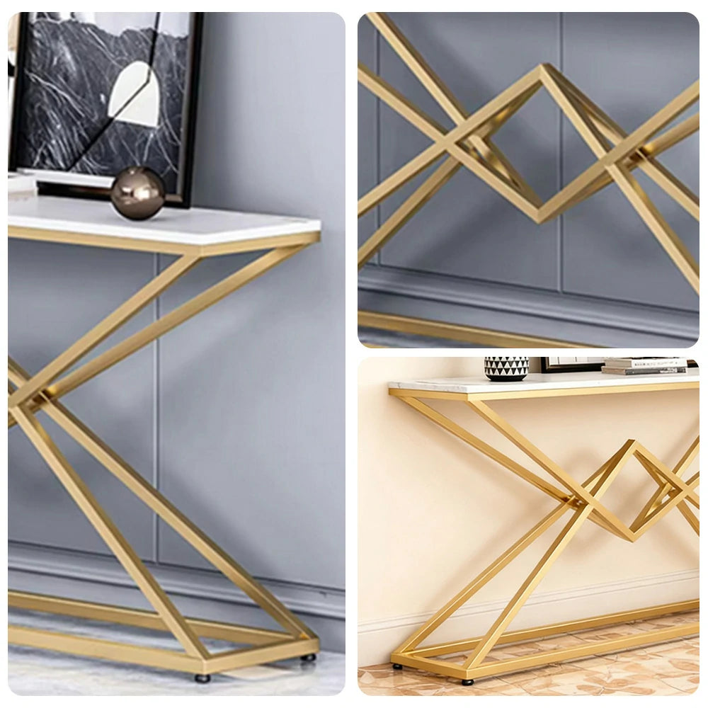 LIVARA Modern Table High-Durability Rock Slab Top Metal Frame 140/160cm Spacious Waterproof & Stain-Resistant - White&Gold