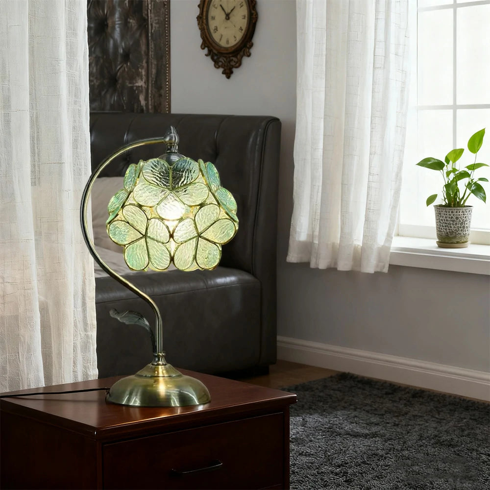 LIVARA Table Lamp, Petal-Shaped, Adjustable Brightness & Color, Handcrafted Metal Base, E27, Ideal for Bedroom & Study - Green