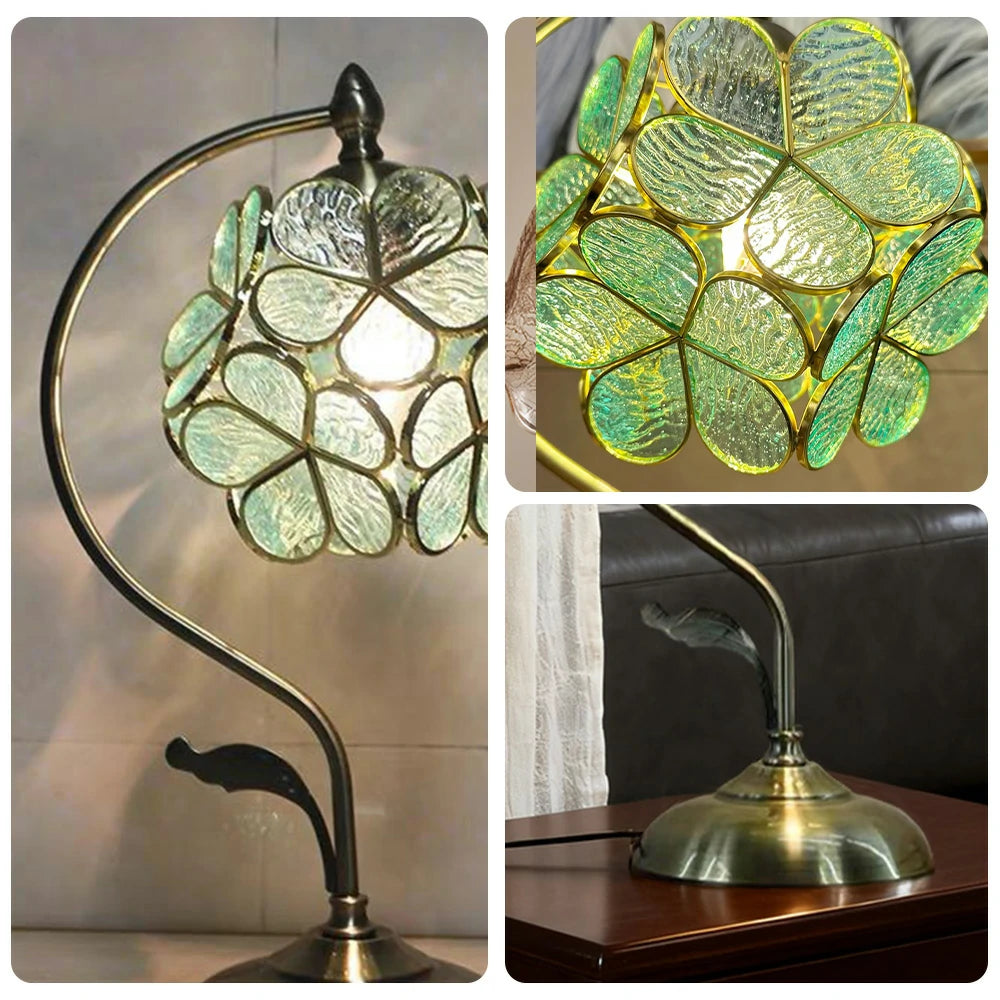 LIVARA Table Lamp, Petal-Shaped, Adjustable Brightness & Color, Handcrafted Metal Base, E27, Ideal for Bedroom & Study - Green