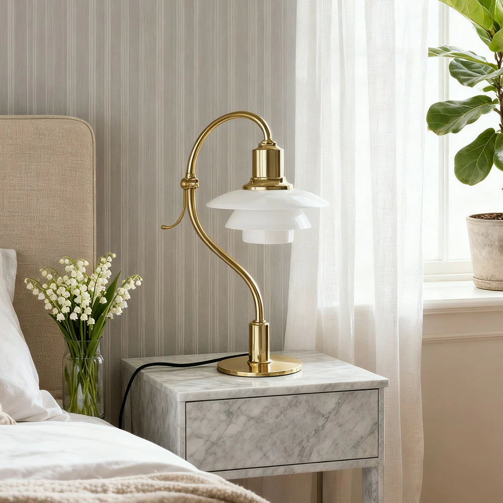 LIVARA Modern Table Lamp with Full-Spectrum Eye-Care Light, Off-White Glass Shade, Adjustable 45° Tilt - Gold