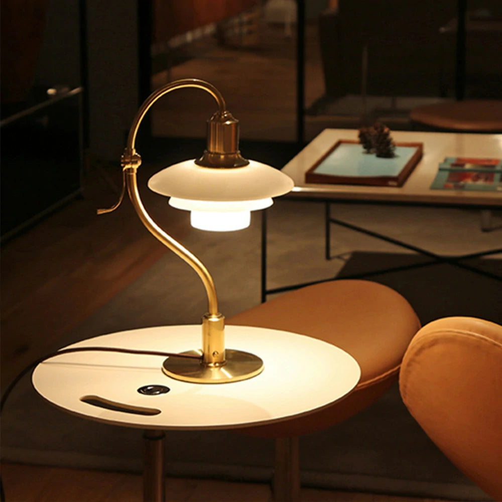 LIVARA Modern Table Lamp with Full-Spectrum Eye-Care Light, Off-White Glass Shade, Adjustable 45° Tilt - Gold