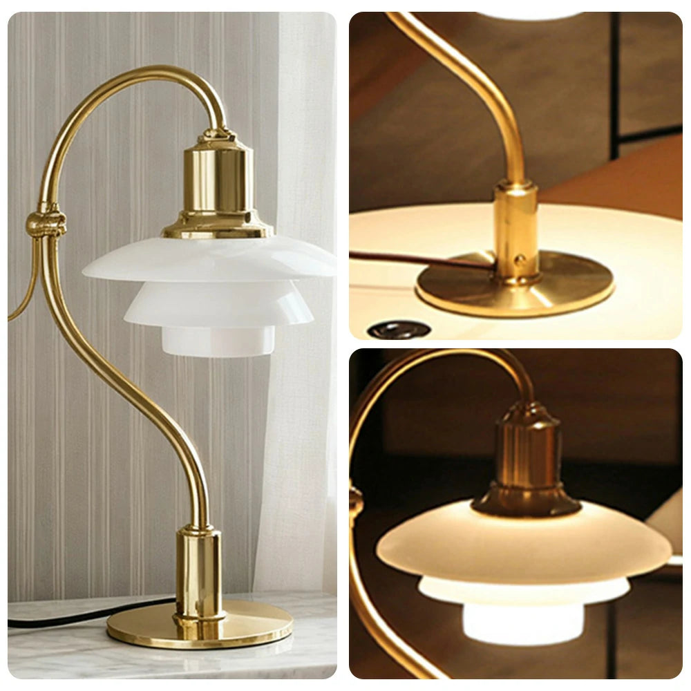 LIVARA Modern Table Lamp with Full-Spectrum Eye-Care Light, Off-White Glass Shade, Adjustable 45° Tilt - Gold