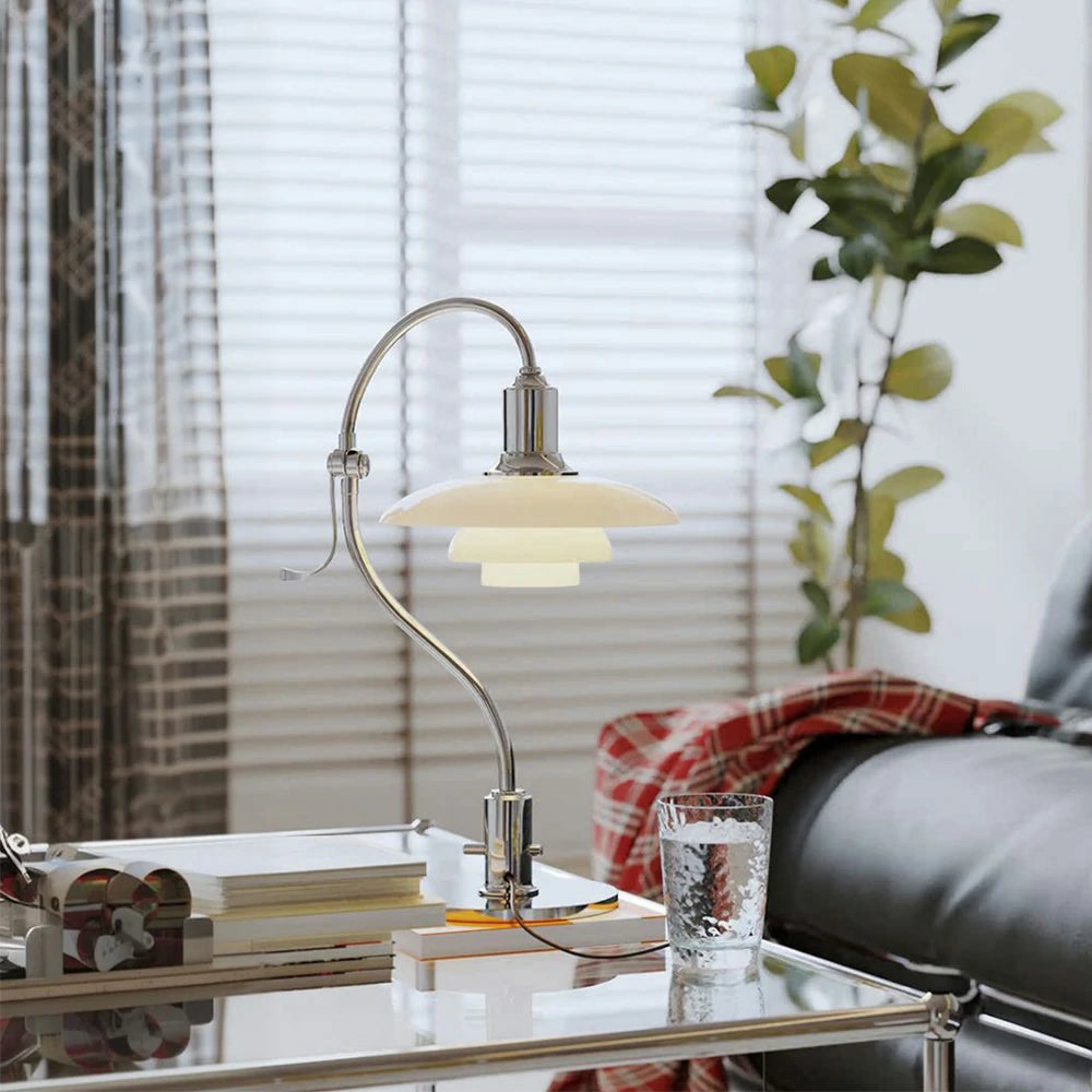 LIVARA Modern Table Lamp with Full-Spectrum Eye-Care Light, Off-White Glass Shade, Adjustable 45° Tilt - Silver