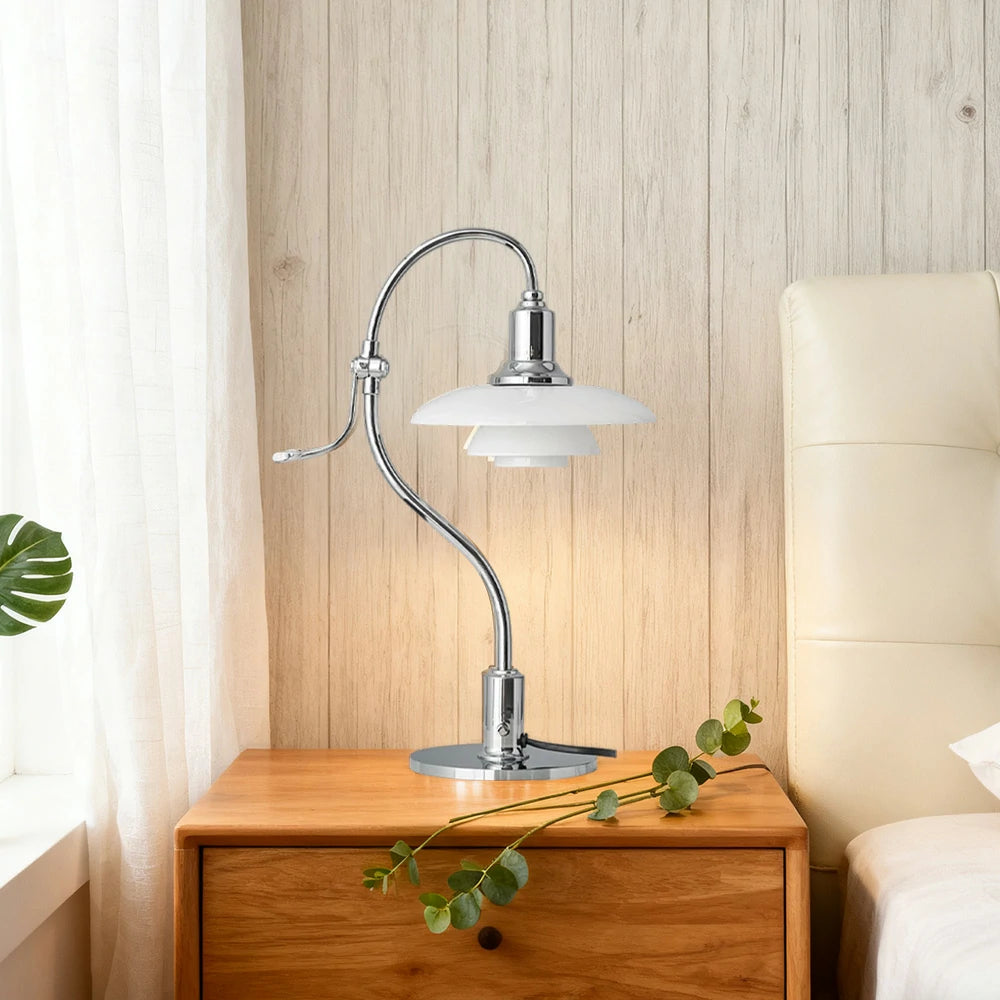 LIVARA Modern Table Lamp with Full-Spectrum Eye-Care Light, Off-White Glass Shade, Adjustable 45° Tilt - Silver