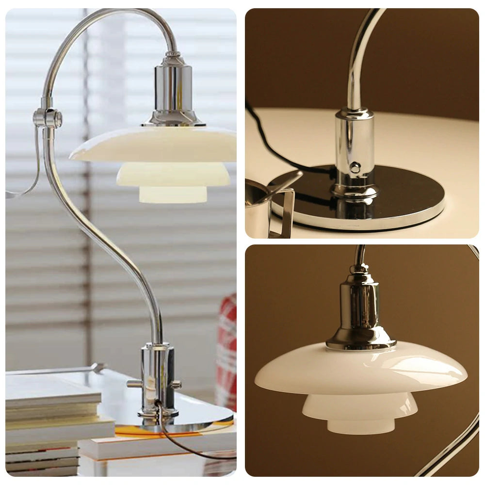 LIVARA Modern Table Lamp with Full-Spectrum Eye-Care Light, Off-White Glass Shade, Adjustable 45° Tilt - Silver