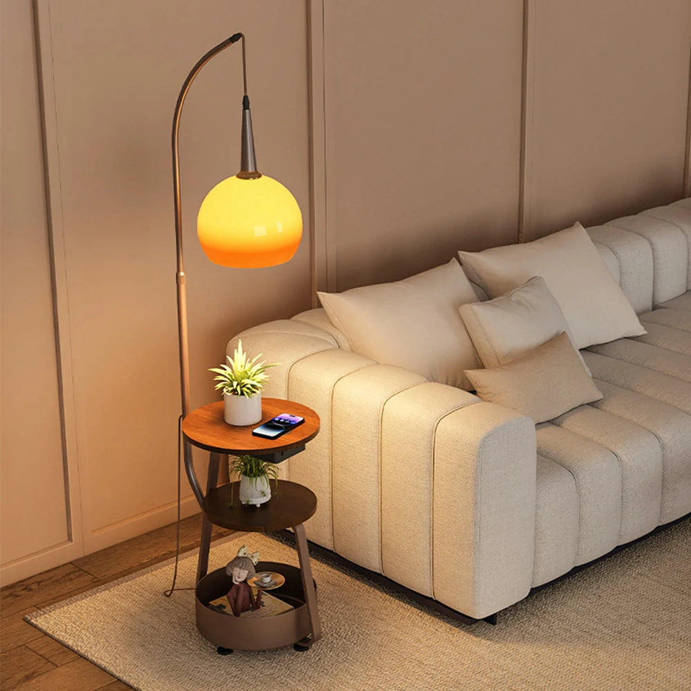 LIVARA Modern Floor Lamp with Gradient Glass Shade, Full-Spectrum Eye-Care Light, Adjustable Storage Space - Brown