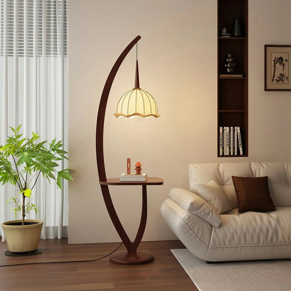LIVARA Floor Lamp with Full-Spectrum Light, Lily Flower Fabric Shade, Foot Switch, High-Quality Wooden Base, Adjustable Three-Color Temperature