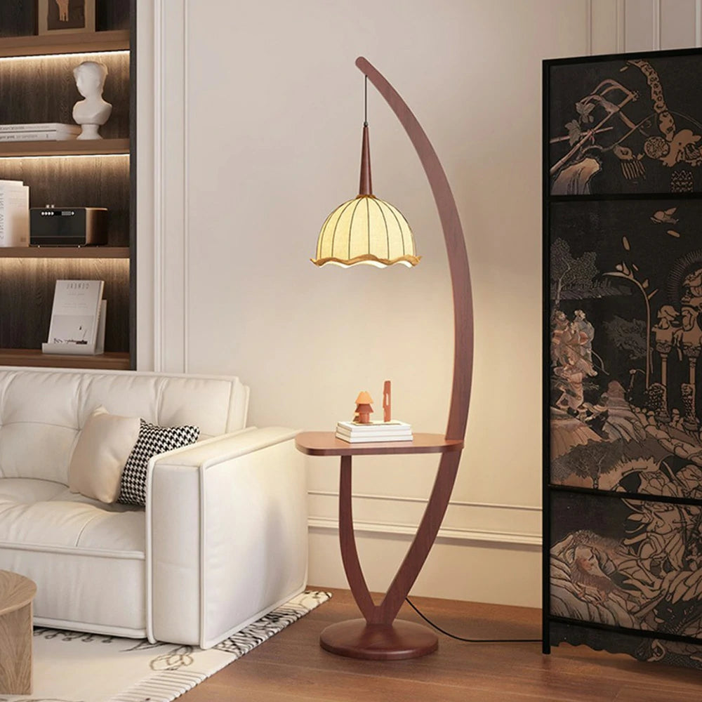 LIVARA Floor Lamp with Full-Spectrum Light, Lily Flower Fabric Shade, Foot Switch, High-Quality Wooden Base, Adjustable Three-Color Temperature