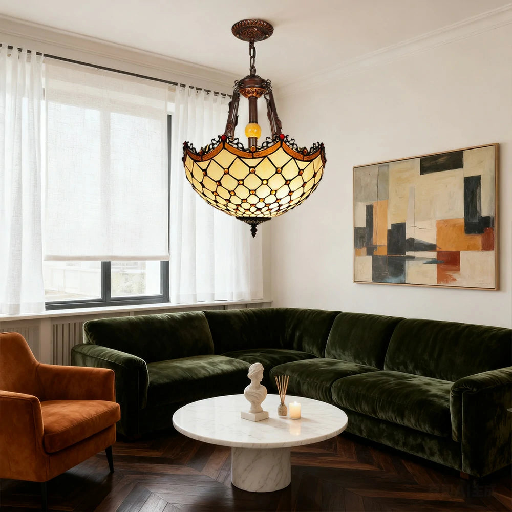 LIVARA Pendant Light with E27 Socket, 40/50cm High-Temperature Colored Glass, Copper & Iron Frame, Handcrafted Design