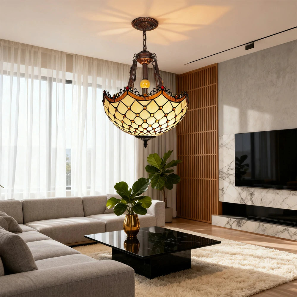 LIVARA Pendant Light with E27 Socket, 40/50cm High-Temperature Colored Glass, Copper & Iron Frame, Handcrafted Design