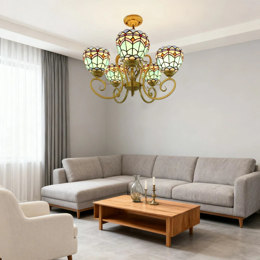 LIVARA Glass Pendant Light - Tiffany-style 5-light Pendant, High-Temperature Coloured Glass, Sturdy Iron Frame, E27 Socket for Vibrant Illumination