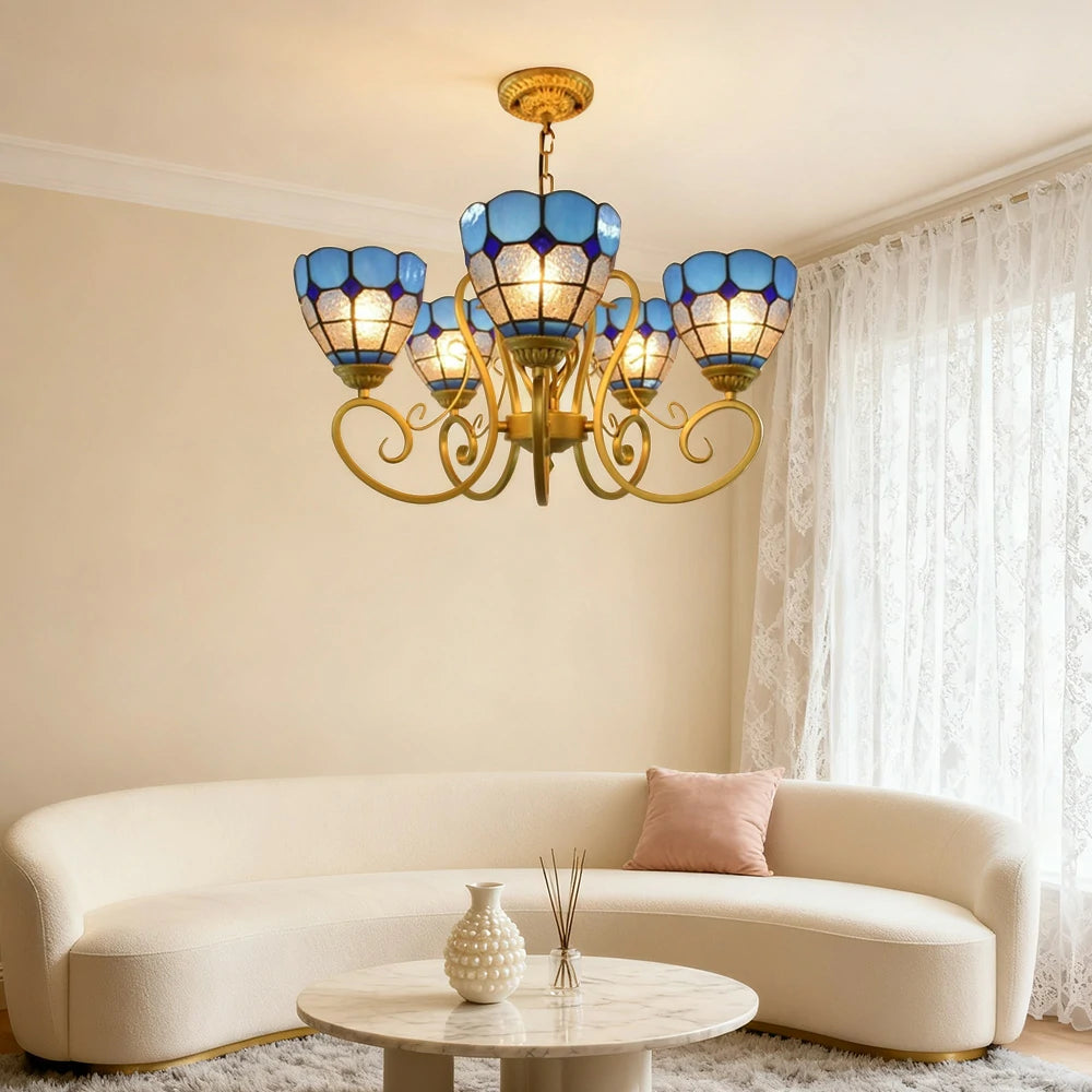 LIVARA Tiffany Pendant Light - 5-Light Design, High-Temperature Coloured Glass, Iron Frame, E27 Socket, Handcrafted for Elegant Illumination