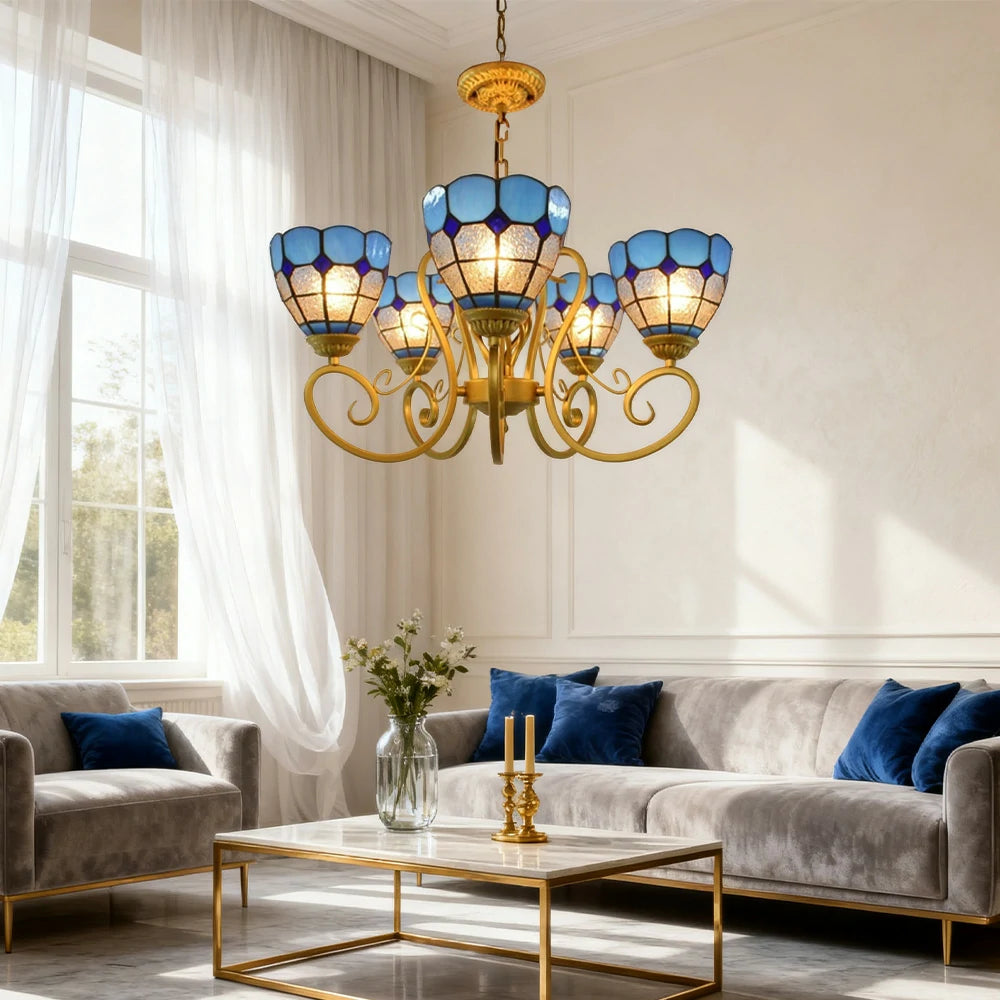LIVARA Tiffany Pendant Light - 5-Light Design, High-Temperature Coloured Glass, Iron Frame, E27 Socket, Handcrafted for Elegant Illumination