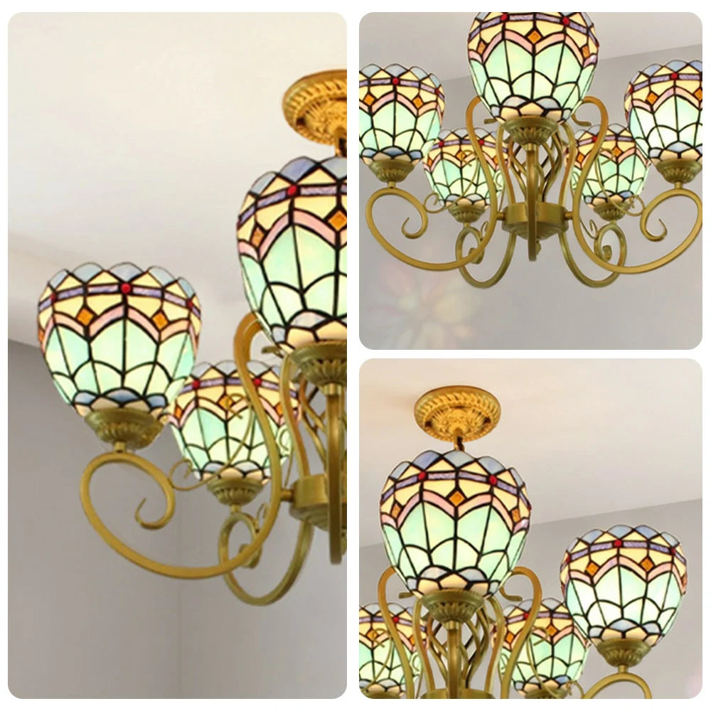 LIVARA Tiffany Pendant Light - 5-Light Design, High-Temperature Coloured Glass, Iron Frame, E27 Socket, Handcrafted for Elegant Illumination