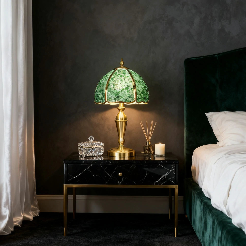 LIVARA Crystal Table Lamp - Natural Crystal Shade, High-Spec LED Bulbs, E27 Socket, Soft, Flicker-Free Light - Green