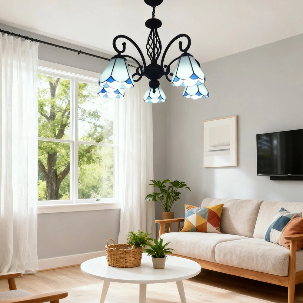 LIVARA Crystal Pendant Light - High-Temperature Coloured Glass, 5-Light E27 Pendant, Iron Frame, Adjustable Height for Elegant Illumination - White