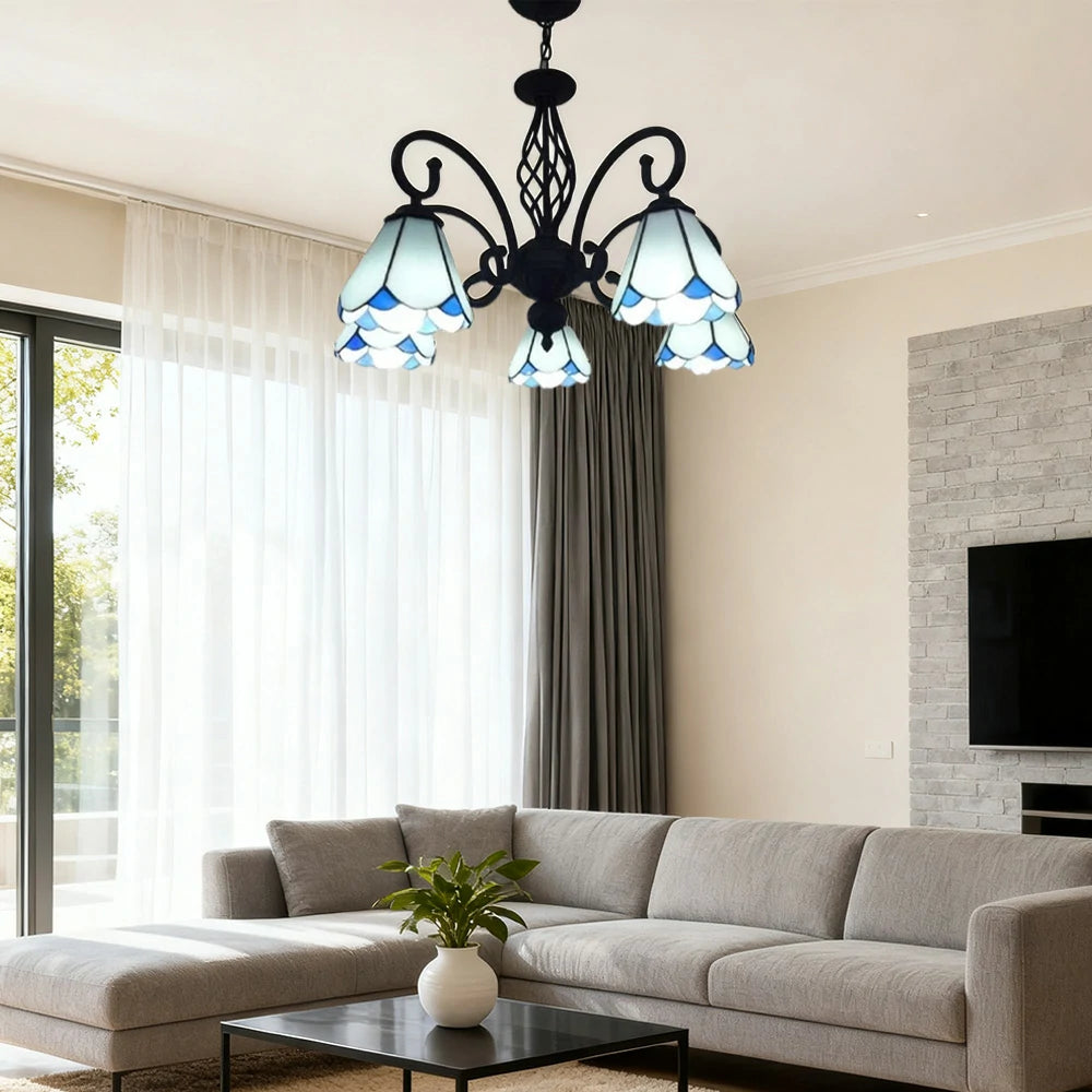 LIVARA Crystal Pendant Light - High-Temperature Coloured Glass, 5-Light E27 Pendant, Iron Frame, Adjustable Height for Elegant Illumination - White