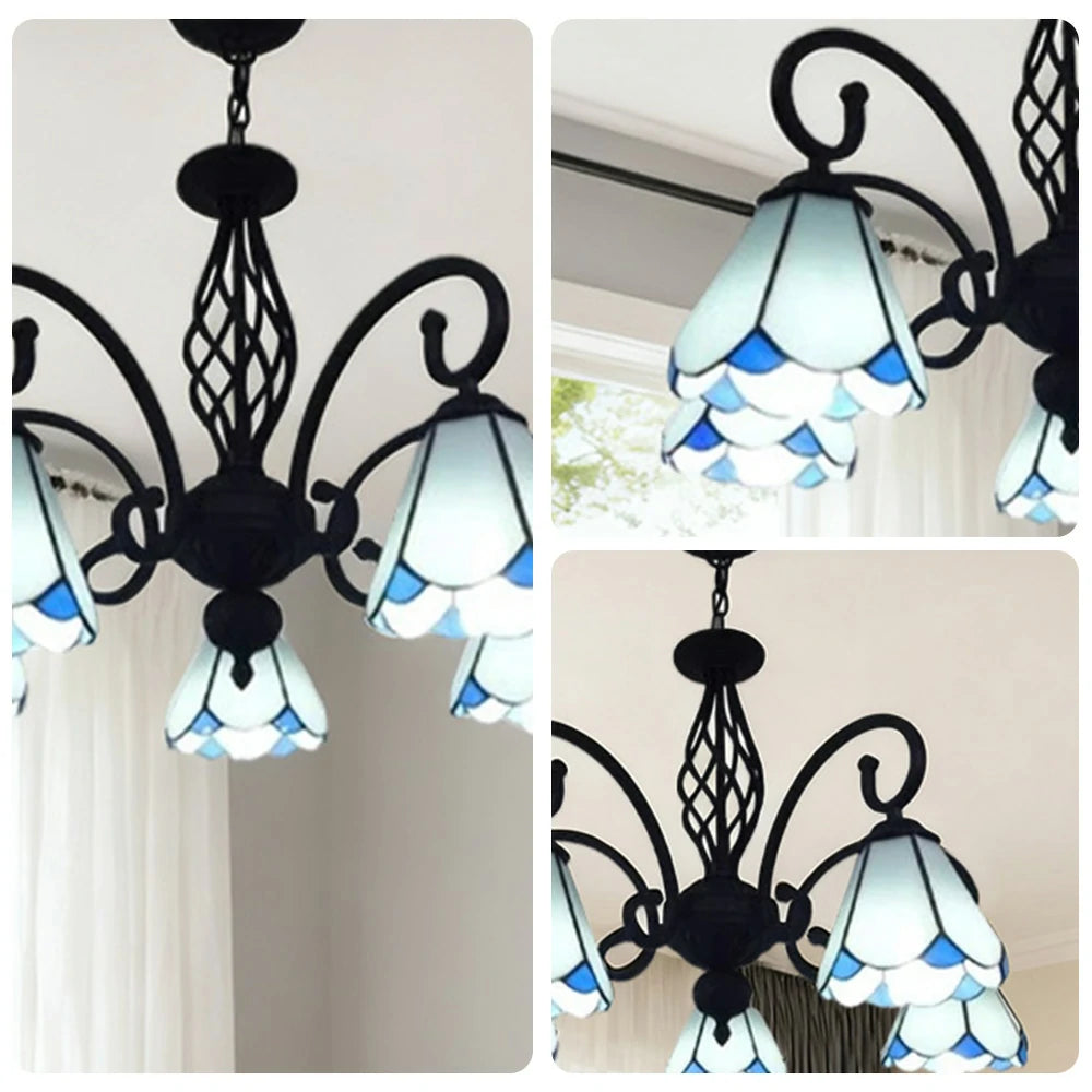 LIVARA Crystal Pendant Light - High-Temperature Coloured Glass, 5-Light E27 Pendant, Iron Frame, Adjustable Height for Elegant Illumination - White