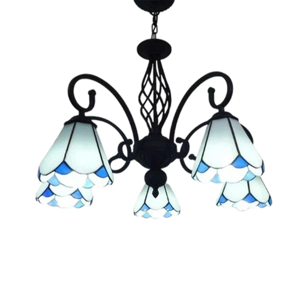 LIVARA Crystal Pendant Light - High-Temperature Coloured Glass, 5-Light E27 Pendant, Iron Frame, Adjustable Height for Elegant Illumination - White
