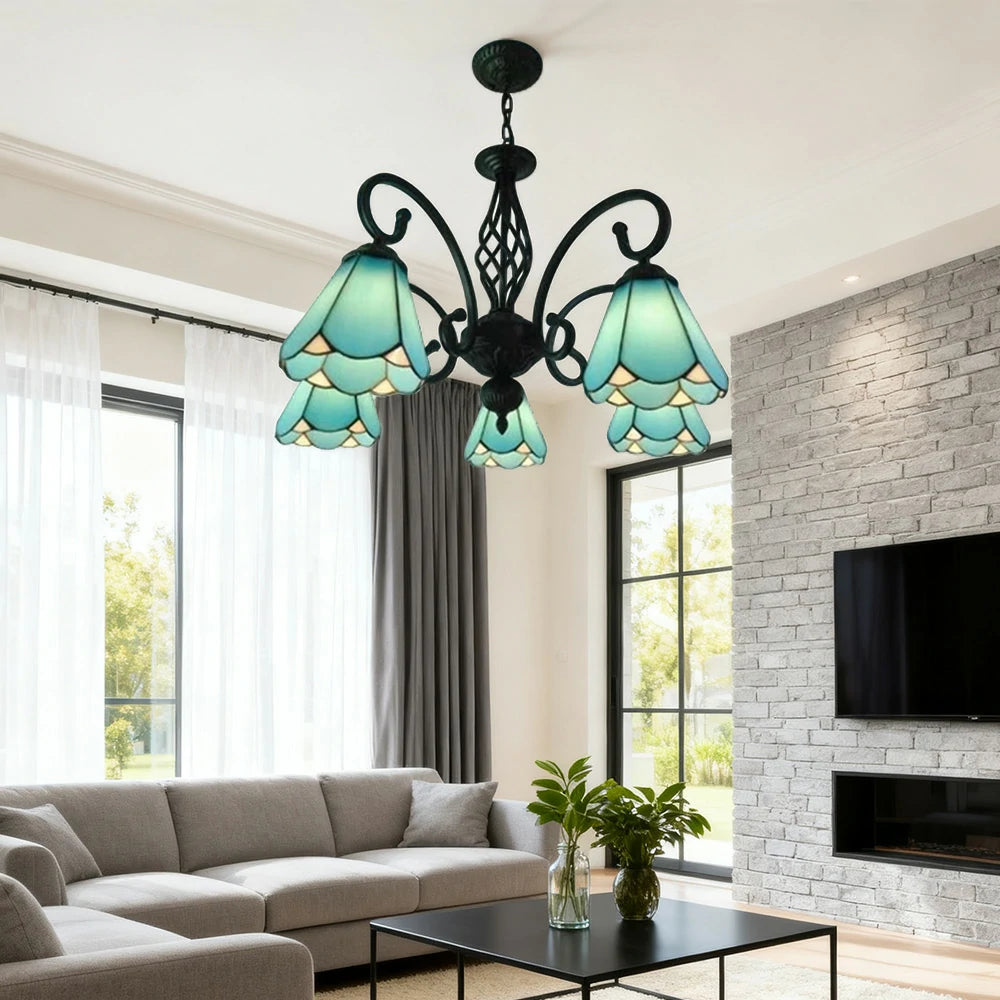 LIVARA Crystal Pendant Light - High-Temperature Coloured Glass, 5-Light E27 Pendant, Iron Frame, Adjustable Height for Elegant Illumination - Blue