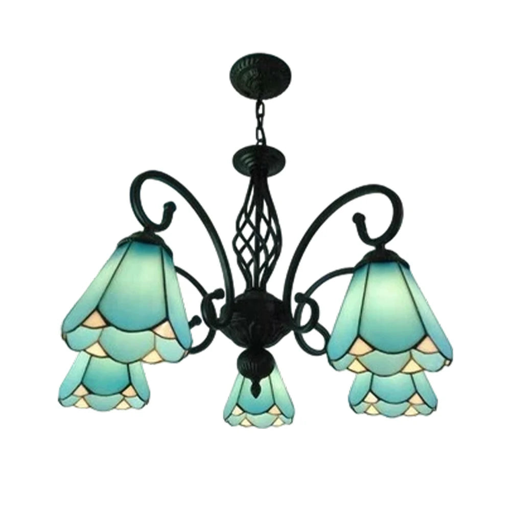 LIVARA Crystal Pendant Light - High-Temperature Coloured Glass, 5-Light E27 Pendant, Iron Frame, Adjustable Height for Elegant Illumination - Blue