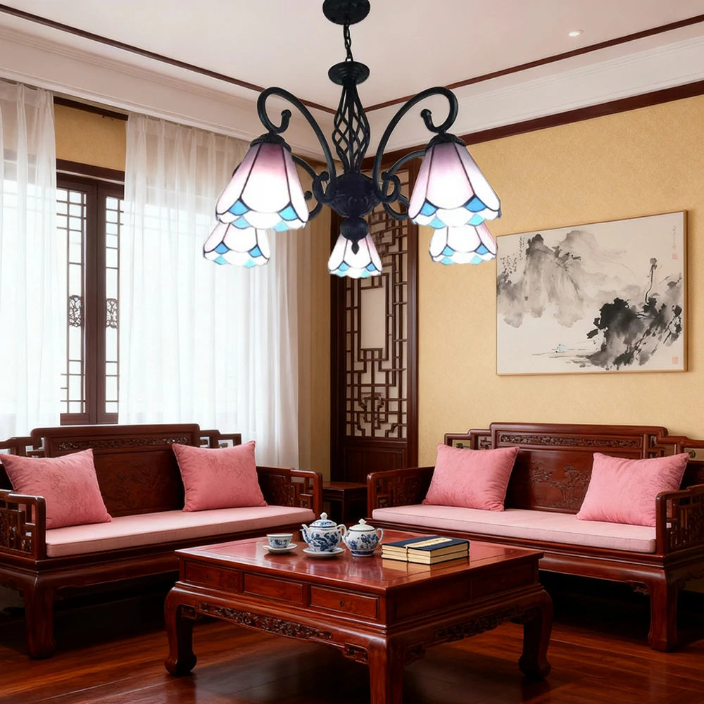 LIVARA Crystal Pendant Light - High-Temperature Coloured Glass, 5-Light E27 Pendant, Iron Frame, Adjustable Height for Elegant Illumination - Pink