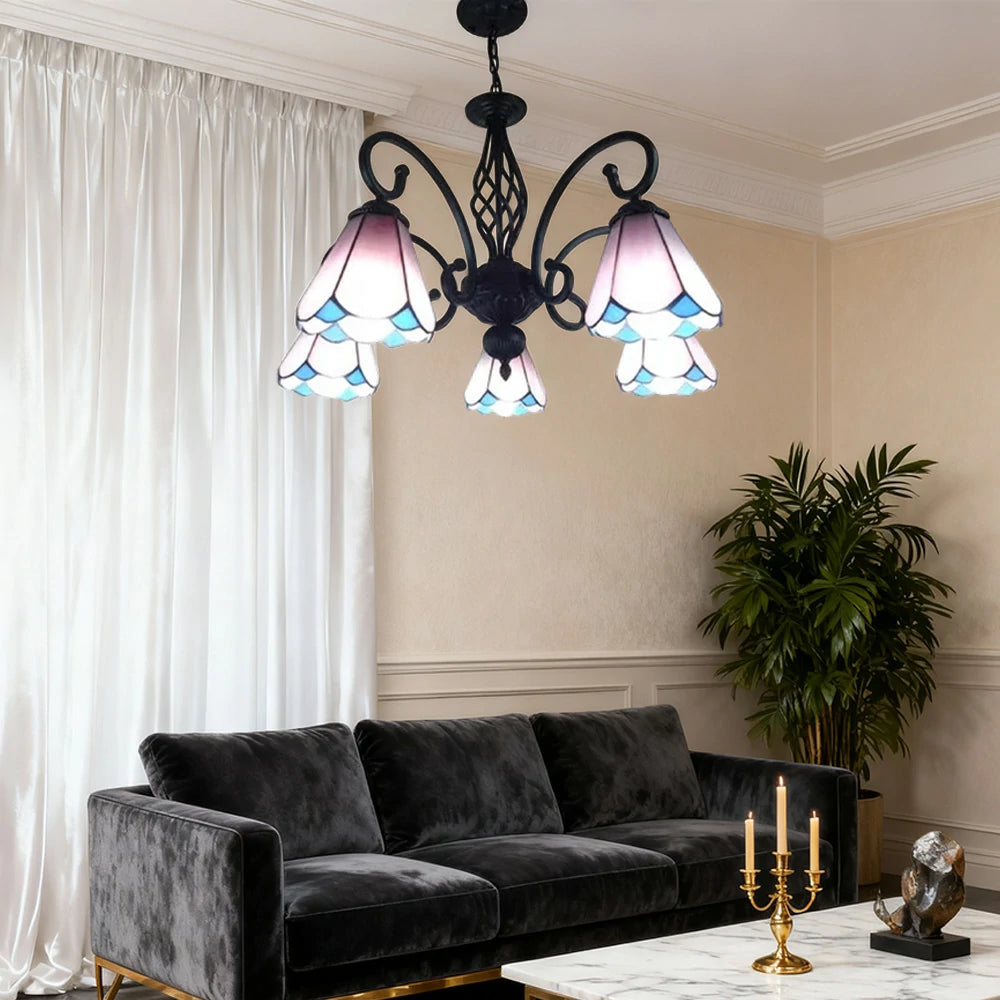 LIVARA Crystal Pendant Light - High-Temperature Coloured Glass, 5-Light E27 Pendant, Iron Frame, Adjustable Height for Elegant Illumination - Pink