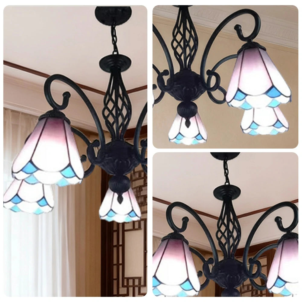 LIVARA Crystal Pendant Light - High-Temperature Coloured Glass, 5-Light E27 Pendant, Iron Frame, Adjustable Height for Elegant Illumination - Pink