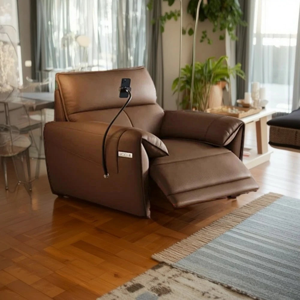 LIVARA 117cm Electric Recliner Armchair Single Seater One-Touch Electric Recline Genuine Leather Comfort Design - Brown