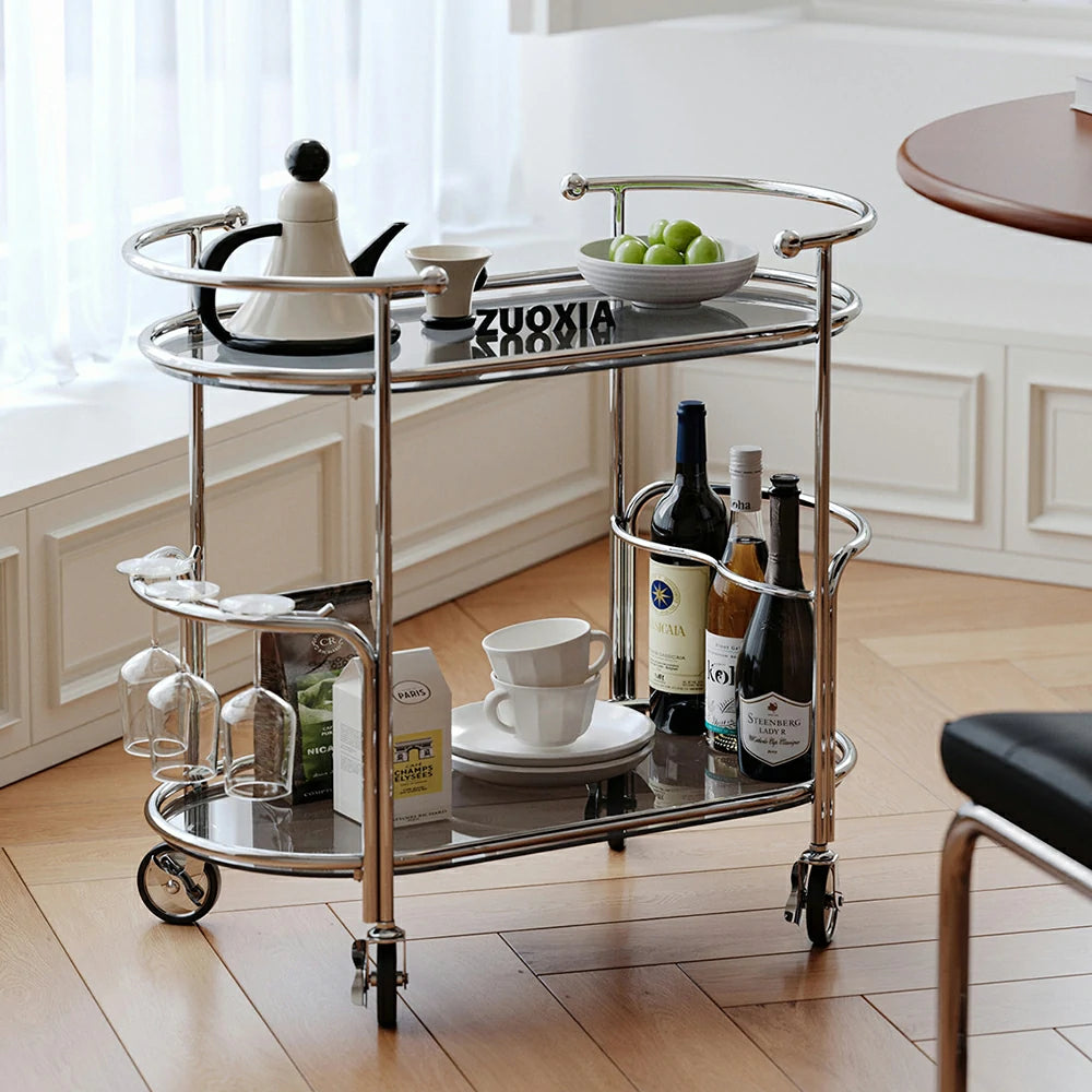 LIVARA Modern Bauhaus Bar Cart - Tempered Glass Shelves with Carbon Steel Frame, Swivel Casters & Wine Glass Holder, Rolling Trolley for Living & Dining Space - Smoke Grey