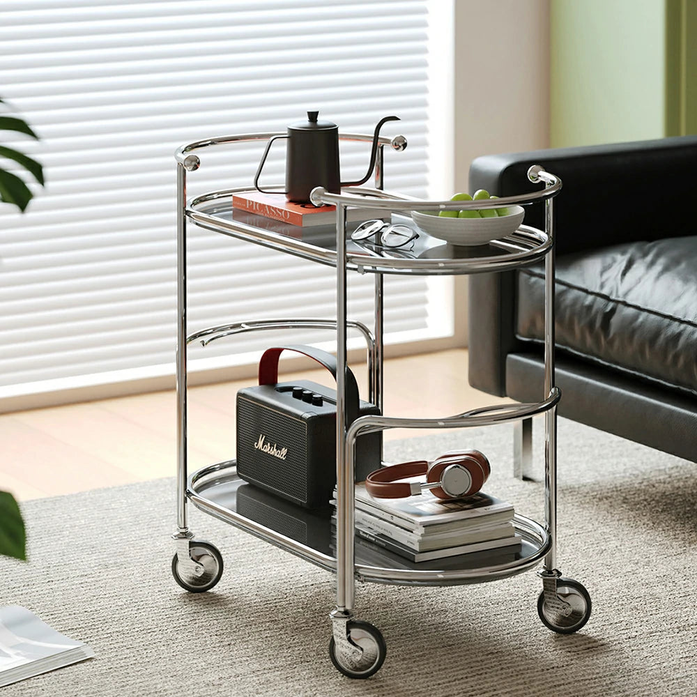 LIVARA Modern Bauhaus Bar Cart - Tempered Glass Shelves with Carbon Steel Frame, Swivel Casters & Wine Glass Holder, Rolling Trolley for Living & Dining Space - Smoke Grey