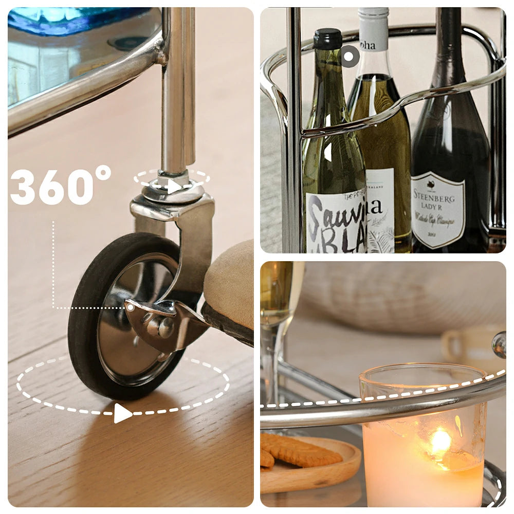 LIVARA Modern Bauhaus Bar Cart - Tempered Glass Shelves with Carbon Steel Frame, Swivel Casters & Wine Glass Holder, Rolling Trolley for Living & Dining Space - Smoke Grey
