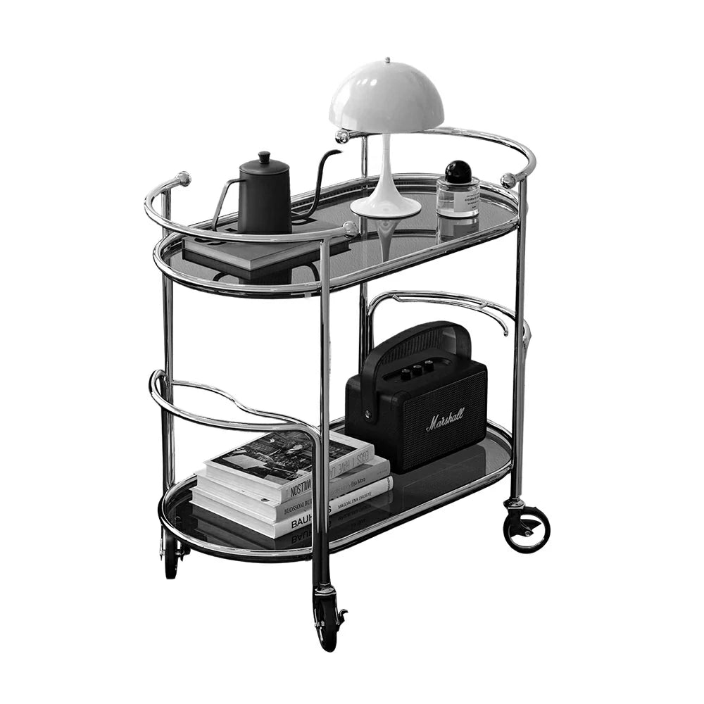 LIVARA Modern Bauhaus Bar Cart - Tempered Glass Shelves with Carbon Steel Frame, Swivel Casters & Wine Glass Holder, Rolling Trolley for Living & Dining Space - Smoke Grey