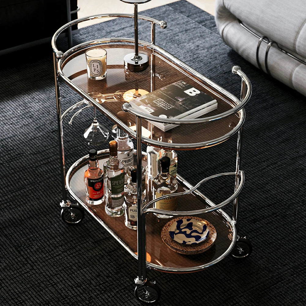 LIVARA Modern Bauhaus Bar Cart - Tempered Glass Shelves with Carbon Steel Frame, Swivel Casters & Wine Glass Holder, Rolling Trolley for Living & Dining Space - Brown