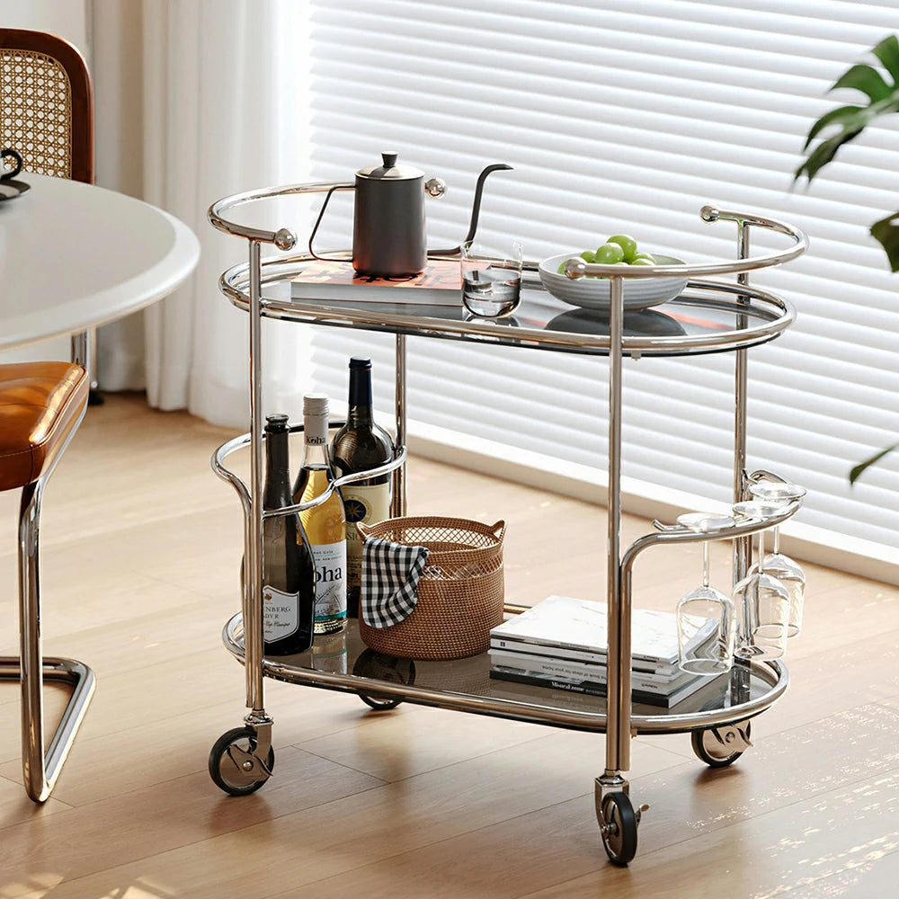 LIVARA Modern Bauhaus Bar Cart - Tempered Glass Shelves with Carbon Steel Frame, Swivel Casters & Wine Glass Holder, Rolling Trolley for Living & Dining Space - Brown