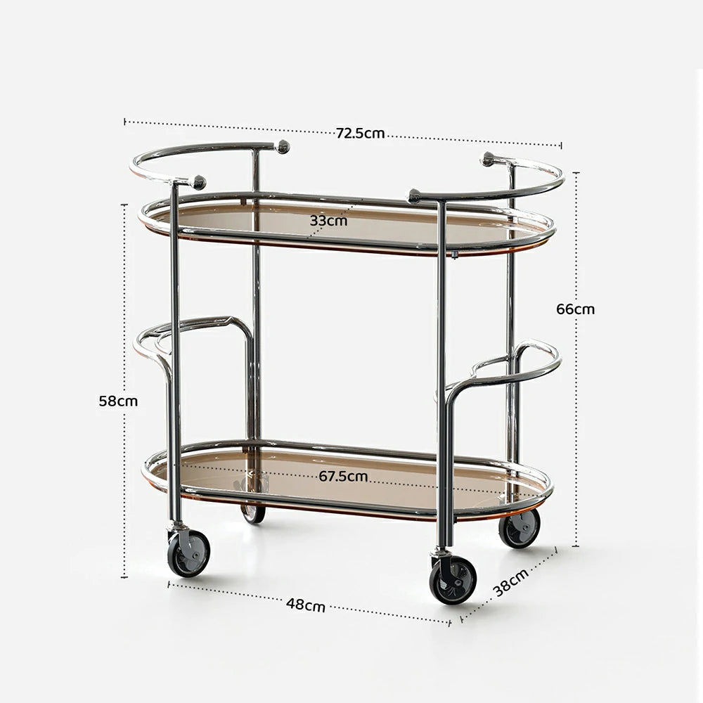 LIVARA Modern Bauhaus Bar Cart - Tempered Glass Shelves with Carbon Steel Frame, Swivel Casters & Wine Glass Holder, Rolling Trolley for Living & Dining Space - Brown