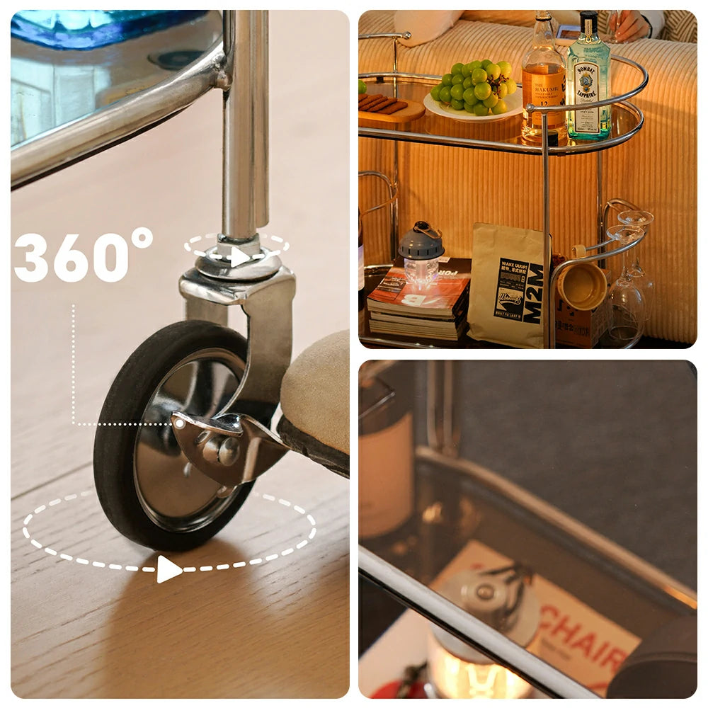 LIVARA Modern Bauhaus Bar Cart - Tempered Glass Shelves with Carbon Steel Frame, Swivel Casters & Wine Glass Holder, Rolling Trolley for Living & Dining Space - Brown