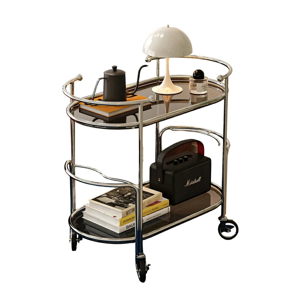 LIVARA Modern Bauhaus Bar Cart - Tempered Glass Shelves with Carbon Steel Frame, Swivel Casters & Wine Glass Holder, Rolling Trolley for Living & Dining Space - Brown
